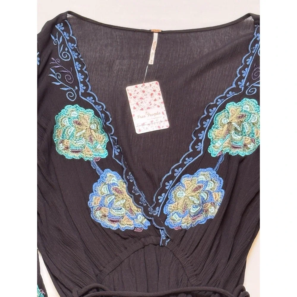Free People Women's Sz M Cora Embroidered Mini Dress Black Blue Floral Boho NWT
